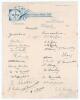 David Denton. Yorkshire & England 1894-1920. Denton&rsquo;s Benefit 1907. Page of &lsquo;The Leeds Cricket, Football & Athletic Club&rsquo; official letterhead, dated 1907 with handwritten title &lsquo;Benefit&rsquo;, beautifully signed in black ink by the members of the Yorkshire and