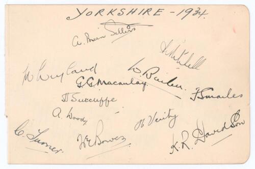 Yorkshire 1934. Album page nicely signed in ink by twelve members of the Yorkshire team. Signatures include Sellers (Cpt), Leyland, Macaulay, Bowes, Sutcliffe, Verity, Wood, K.R. Davidson, Mitchell, Barber etc. Good condition