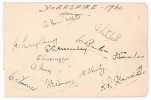 Yorkshire 1934. Album page nicely signed in ink by twelve members of the Yorkshire team. Signatures include Sellers (Cpt), Leyland, Macaulay, Bowes, Sutcliffe, Verity, Wood, K.R. Davidson, Mitchell, Barber etc. Good condition
