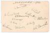 Yorkshire 1934. Album page nicely signed in ink by twelve members of the Yorkshire team. Signatures include Sellers (Cpt), Leyland, Macaulay, Bowes, Sutcliffe, Verity, Wood, K.R. Davidson, Mitchell, Barber etc. Good condition