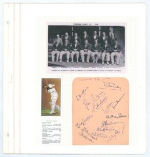 Yorkshire C.C.C. 1948, 1957 and 1959. Three album pages, two larger, comprising signatures in ink of Yorkshire teams of 1948 (14 signatures), 1957 (14) and 1959 (11). Signatures include Smailes, Hutton, Coxon, Aspinall, Wilson, Brennan, Lester, Sellers, H