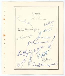 Yorkshire 1954. Large autograph sheet with printed black border taken from a player&rsquo;s benefit book nicely signed by sixteen members of the team. Signatures include Yardley(Cpt), L. Hutton, Watson, W. Sutcliffe, J. Cammish, Wardle, Trueman, Taylor, Appley