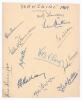 Yorkshire 1949. Album page nicely signed in ink by twelve members of the Yorkshire team. Signatures include Yardley (Cpt), L. Hutton, Wilson, Close, Trueman, Lester, Lowson, W. Sutcliffe, Robinson, Watson etc. Good condition
