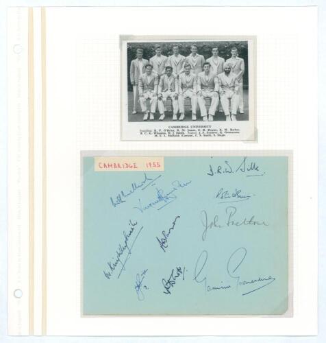 Cambridge University C.C. 1955. Larger album page very nicely signed in ink (one in pencil) by ten members of the Cambridge University team of 1955 including some notable names who went on to play County cricket. Signatures are Melluish (Captain), Lumsden