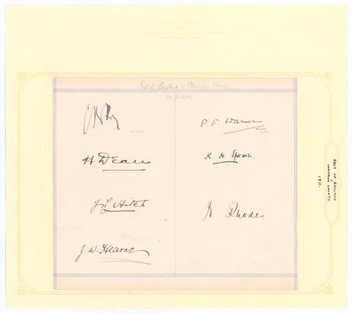 Rest of England Champion County match 1911. Page very nicely signed in black ink by seven members of The Rest team for the Champion County match v Warwickshire, Kennington Oval 11th- 14th September 1911. Signatures are Fry (Captain), Dean, Hitch, Hearne, 