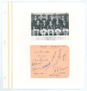 Oxford University C.C. 1948 & 1959. Two album pages signed in ink by members of the Oxford University teams, one by fourteen of the 1948 team, the other by eleven of 1959, both including some notable names who went on to play County and Test cricket. Sign