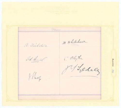 Players 1911. Page very nicely signed in black ink by six Players. Signatures are Arthur Fielder, Fred Huish, Colin Blythe (Kent), Harry Whitehead (Leicestershire), Jack Sharp and Johnny Tyldesely (Lancashire). The page is titled &lsquo;Players&rsquo; and is lightly 