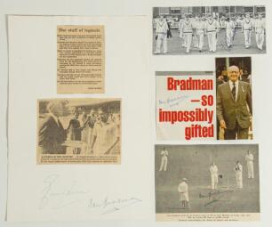 Don Bradman. Three cuttings signed by Bradman including a newspaper cutting of Bradman achieving the world record Test score or 334 at Headingley 1930, a cutting of Bradman in later years with headline &lsquo;Bradman- so impossibly gifted&rsquo;, and two cuttings lai