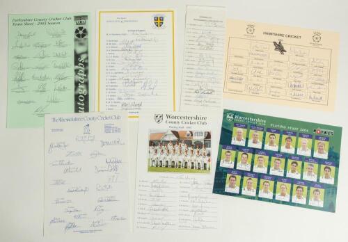 County autograph sheets 1976-2004. Seven official autograph sheets for Derbyshire 2003 (20 fully signed), Durham 1995 (22), Hampshire 2002 (23), Northamptonshire 1976 (19), Warwickshire 1992 (22 fully signed), Worcestershire 1997 (22) and 2004 (19 both fu
