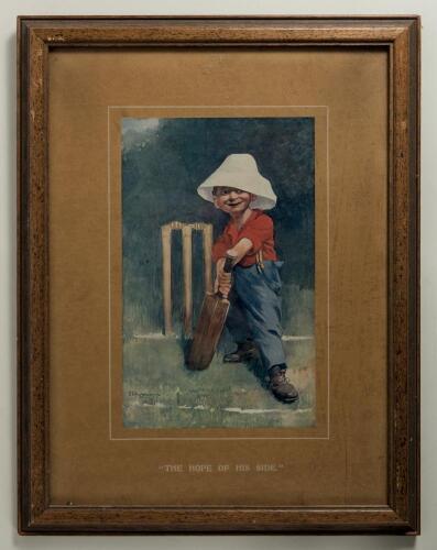 Edward Patrick Kinsella. Excellent selection of five large original colour prints of the boy cricketer in various guises. &lsquo;The Hope of His Side&rsquo;, &lsquo;Out First Ball&rsquo;, &lsquo;The Boss&rsquo;, &lsquo;Good Enough for His County&rsquo; and &lsquo;How&rsquo;s That?&rsquo;. Copyright &lsquo;E.P. Kinsella with o