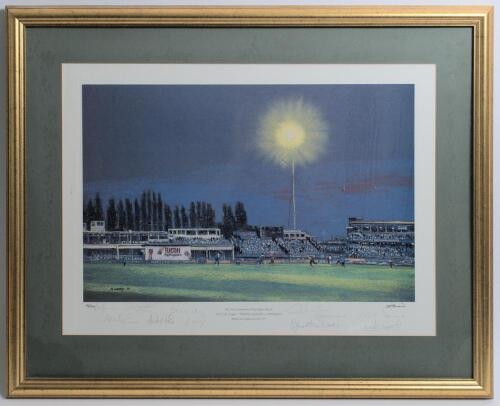&lsquo;The First Competitive Day/Night Match. AXA Life League- Warwickshire v Somerset&rsquo; 1997. Large limited edition colour print from the original by the artist C.B. Flinders of the first official day/ night match to be played in England, depicting the match in