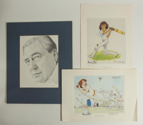 Cricket portraits and cartoons. A selection of eight modern prints. Subjects are John Arlott, large portrait in pencil by Bonelli[?], limited edition print no. 2/300, mounted overall 14.25&rdquo;x17.5&rdquo;. Two signed colour prints of cartoons of Graham Roope, one 