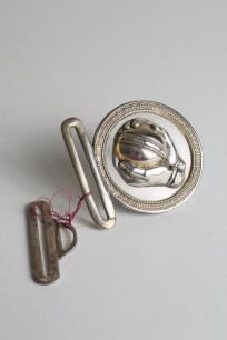 &lsquo;Caught&rsquo;. &lsquo; Early and exquisite Victorian silver and brass circular belt buckle, with clasp to back and hook, depicting a pair of hands holding a cricket ball as if just caught circa 1860/70&rsquo;s. Decorative gilt patterned borders. Approximately 2.75&rdquo;x2&rdquo;. Di