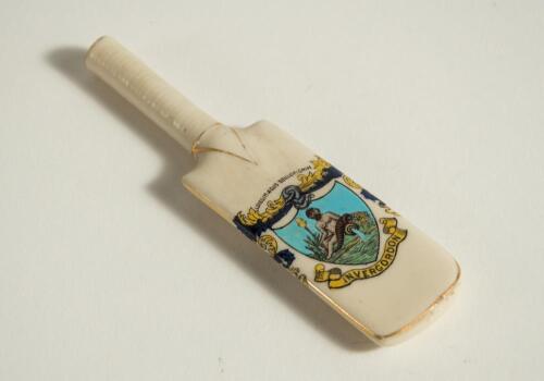 Cricket bat. Crested china cricket bat with colour emblem for &lsquo;Ivergordon&rsquo;. &lsquo;Arcadian China. Approximately 4.75&rdquo; long. Good/very good condition. Rare