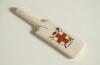 Cricket bat. Crested china cricket bat with colour emblem for &lsquo;York&rsquo;. Waterfall Heraldic China. Approximately 4.75&rdquo; long. Slight loss to the printed &lsquo;K&rsquo; of York otherwise in good/very good condition. Rare