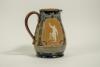 Doulton Lambeth stoneware jug, of bulbous form, moulded with relief vignettes of cricketers, a batsman, bowler and wicket keeper, Abel, Woods and McGregor in white on a brown background. With stylised floral leaf and flower Art Nouveau decoration to top a - 4