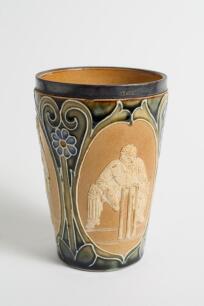Doulton Lambeth stoneware beaker, moulded with relief vignettes of cricketers, a batsman, bowler and wicket keeper, Abel, Woods and McGregor in white on a brown background. With stylised daisy and floral leaf Art Nouveau decoration to top and sides in gre