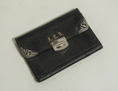 Albert Edward Relf. Sussex, Auckland & England 1900-1921. Black leather wallet with button silver clasp and decorative corners. The initials &lsquo;A.E.R.&rsquo; to front. The wallet has a card with the following handwritten inscription &lsquo;Ex Relf Family. Presented at 