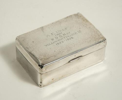 Albert Edward Relf. Sussex, Auckland & England 1900-1921. Silver cigarette box presented to Albert Relf in cricket season 1925-1926 by W.D.S. May of behalf of the Wellington Collage XI. The engraved inscription to the box lid reads &lsquo;A.E. Relf from W.D.S. 