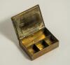 Brass cricket themed box. An attractive brass box with circular image of an early batsman wearing cap and holding his bat to lid. The interior of the box is compartmentalised. The box measures 3&rdquo;x2.5&rdquo;. Good condition - 3