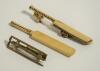 Brass cricket door knockers. Two different door knockers, one, which appears older than the other has a set of brass stumps with bails as the plate and a brass cricket bat knocker with reference/makers number NK1050581 to the underside of the bat, measure
