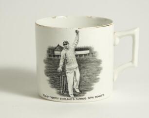 Hedley Verity. Yorkshire & England, 1930-39. W. Ellis of Bramley commemorative mug for &lsquo;Hedley Verity, England&rsquo;s Famous Spin Bowler&rsquo; with vignette of Verity in bowling pose. Verity&rsquo;s &lsquo;England and Australian Test Records&rsquo; to verso, ten wickets v Warwickshi