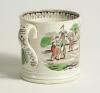 Village cricket mug. Staffordshire 19th century mug, transfer printed in black with two scenes of village cricket, with church and tents to background, floral and oak leaf inner rim decoration and crossed cricket bats, balls and stumps decoration to handl - 2