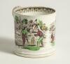 Village cricket mug. Staffordshire 19th century mug, transfer printed in black with two scenes of village cricket, with church and tents to background, floral and oak leaf inner rim decoration and crossed cricket bats, balls and stumps decoration to handl - 3