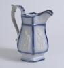 Cricket jug. A light blue mid 19th century Staffordshire salt-glaze jug, the hexagonal bulbous body divided into six panels with cricketers wearing top hats, being Pilch, Clarke and Box. The panels nicely highlighted in a darker cobalt blue. Above and bel - 2