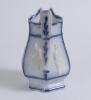 Cricket jug. A light blue mid 19th century Staffordshire salt-glaze jug, the hexagonal bulbous body divided into six panels with cricketers wearing top hats, being Pilch, Clarke and Box. The panels nicely highlighted in a darker cobalt blue. Above and bel - 3