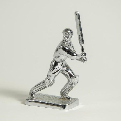 Lejeune heavy silver chrome cricket car mascot. The modern figure of a batsman playing a shot stands 5&rdquo; tall. &lsquo;Lejeune&rsquo; stamped to base. Very good condition