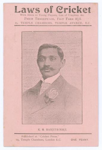 Kumar Shri Ranjitsinhji. Cambridge University, Sussex, London County & England 1893-1920. Folding penny card written by Albert Craig &lsquo;Cricket Poet and Rhymester&rsquo;, and published by the Cricket Press, 25 Temple Chambers, London 1896. Image of Ranjitsinhji t