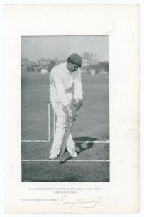 Kumar Shri Ranjitsinhji. Cambridge University, Sussex, London County & England 1893-1920. Bookplate photograph of Ranjitsinhji in batting pose wearing cap, nicely signed in ink to lower border by Ranjitsinhji. Taken from the &lsquo;Jubilee Book of Cricket&rsquo;, Ran