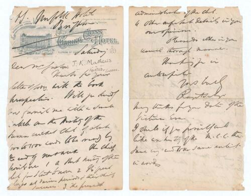 Kumar Shri Ranjitsinhji. Cambridge University, Sussex, London County & England 1893-1920. Two page handwritten letter from Ranjitsinhji to A.J. Gaston regarding a request for an article to be written on the &lsquo;History of the Sussex Cricket Club, of about 10