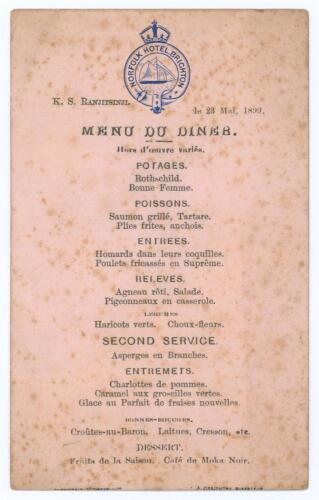 Kumar Shri Ranjitsinhji. Cambridge University, Sussex, London County & England 1893-1920. Official single sided menu card for the Dinner hosted by Ranjitsinhji at the Norfolk Hotel, Brighton on the 23rd May 1899. Hotel emblem to top with menu printed belo
