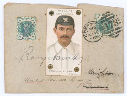 Kumar Shri Ranjitsinhji. Cambridge University, Sussex, London County & England 1893-1920. A Wills&rsquo;s Cigarettes Cricketer Series 1901 cigarette card of Ranjitsinhji pinned to a small envelope postmarked 1901. Signed in ink to the envelope front and across 