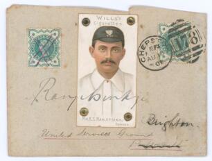 Kumar Shri Ranjitsinhji. Cambridge University, Sussex, London County & England 1893-1920. A Wills&rsquo;s Cigarettes Cricketer Series 1901 cigarette card of Ranjitsinhji pinned to a small envelope postmarked 1901. Signed in ink to the envelope front and across 