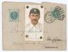 Kumar Shri Ranjitsinhji. Cambridge University, Sussex, London County & England 1893-1920. A Wills&rsquo;s Cigarettes Cricketer Series 1901 cigarette card of Ranjitsinhji pinned to a small envelope postmarked 1901. Signed in ink to the envelope front and across 
