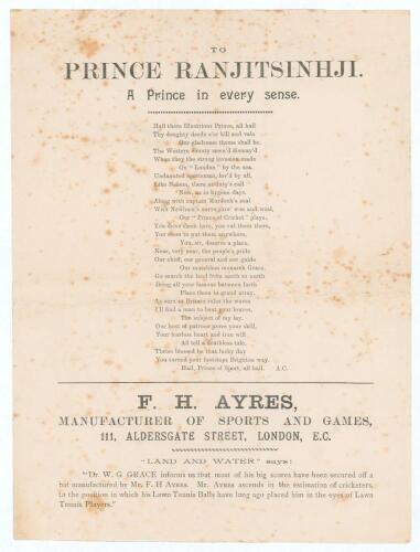 Kumar Shri Ranjitsinhji. Cambridge University, Sussex, London County & England 1893-1920. Albert Craig. &lsquo;Cricket Rhymester&rsquo; 1896. Original single page broadsheet of a poem by Craig titled &lsquo;To Prince Ranjitsinhji. A Prince in every sense&rsquo;. The poem relates