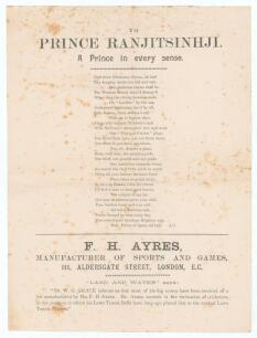 Kumar Shri Ranjitsinhji. Cambridge University, Sussex, London County & England 1893-1920. Albert Craig. &lsquo;Cricket Rhymester&rsquo; 1896. Original single page broadsheet of a poem by Craig titled &lsquo;To Prince Ranjitsinhji. A Prince in every sense&rsquo;. The poem relates
