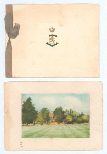 Kumar Shri Ranjitsinhji. Cambridge University, Sussex, London County & England 1893-1920. Two original personalised Christmas cards from Ranji c.1930. One with embossed colour Nawanagar State crest of crown and lion to front, colour scene of Ballynahinch 