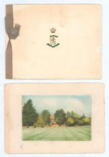 Kumar Shri Ranjitsinhji. Cambridge University, Sussex, London County & England 1893-1920. Two original personalised Christmas cards from Ranji c.1930. One with embossed colour Nawanagar State crest of crown and lion to front, colour scene of Ballynahinch 