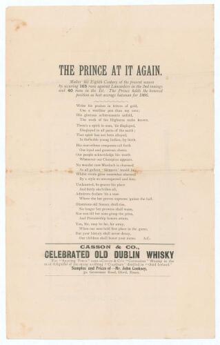 Kumar Shri Ranjitsinhji. Cambridge University, Sussex, London County & England 1893-1920. Albert Craig. &lsquo;Cricket Rhymester&rsquo; 1896. Original single page broadsheet of a poem by Craig titled &lsquo;The Prince At It Again. Makes his Eighth Century of the present se