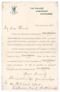 Kumar Shri Ranjitsinhji. Cambridge University, Sussex, London County & England 1893-1920. Original printed letter on Jamnagar Palace official letterhead dated 29th September 1917 with handwritten salutation to &lsquo;My dear Friend&rsquo; and the signature &lsquo;Ranjitsin