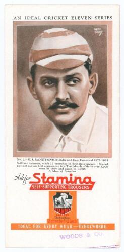 Kumar Shri Ranjitsinhji. Cambridge University, Sussex, London County & England 1893-1920. &lsquo;An Ideal Cricket Eleven Series No. 2. K.S. Ranjitsinhji&rsquo;. Stamina Trousers trade issue ink blotter printed in colour. Stamped &lsquo;Woods & Co.&rsquo; to lower border. 3.75&rdquo;x8