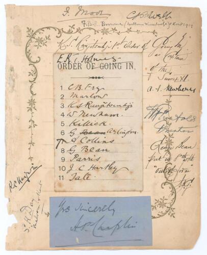 Kumar Shri Ranjitsinhji. Cambridge University, Sussex, London County & England 1893-1920. Original printed &lsquo;Order of Going In&rsquo; card for the match Sussex v Surrey at Hove, 31st August- 2nd September 1896. The card with players&rsquo; names handwritten in ink in 