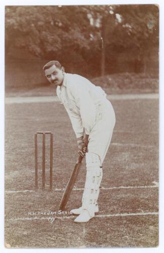 Kumar Shri Ranjitsinhji. Cambridge University, Sussex, London County & England 1893-1920. Early sepia real photograph postcard of Ranji standing full length in batting pose at the wicket. Printed title &lsquo;H.H. The Jam Sahib&rsquo; with diamond &lsquo;F&rsquo; logo for Foster
