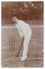 Kumar Shri Ranjitsinhji. Cambridge University, Sussex, London County & England 1893-1920. Early sepia real photograph postcard of Ranji standing full length in batting pose at the wicket. Printed title &lsquo;H.H. The Jam Sahib&rsquo; with diamond &lsquo;F&rsquo; logo for Foster