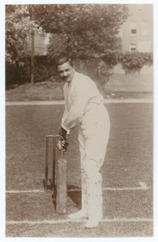 Kumar Shri Ranjitsinhji. Cambridge University, Sussex, London County & England 1893-1920. Early sepia real photograph postcard of Ranji standing full length in batting pose at the wicket. Untitled, Foster of Brighton. Postally unused. Light adhesive mark 