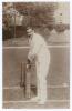 Kumar Shri Ranjitsinhji. Cambridge University, Sussex, London County & England 1893-1920. Early sepia real photograph postcard of Ranji standing full length in batting pose at the wicket. Untitled, Foster of Brighton. Postally unused. Light adhesive mark 